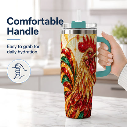#pl[40oz|Green] Stained Glass Rooster 40oz Tumbler with Red Green and Gold Artwork