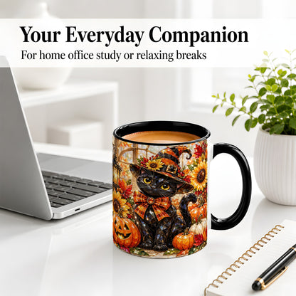 #pl[11oz|Black] Halloween Black Cat Ceramic Mug, Sunflower Pumpkin Artwork