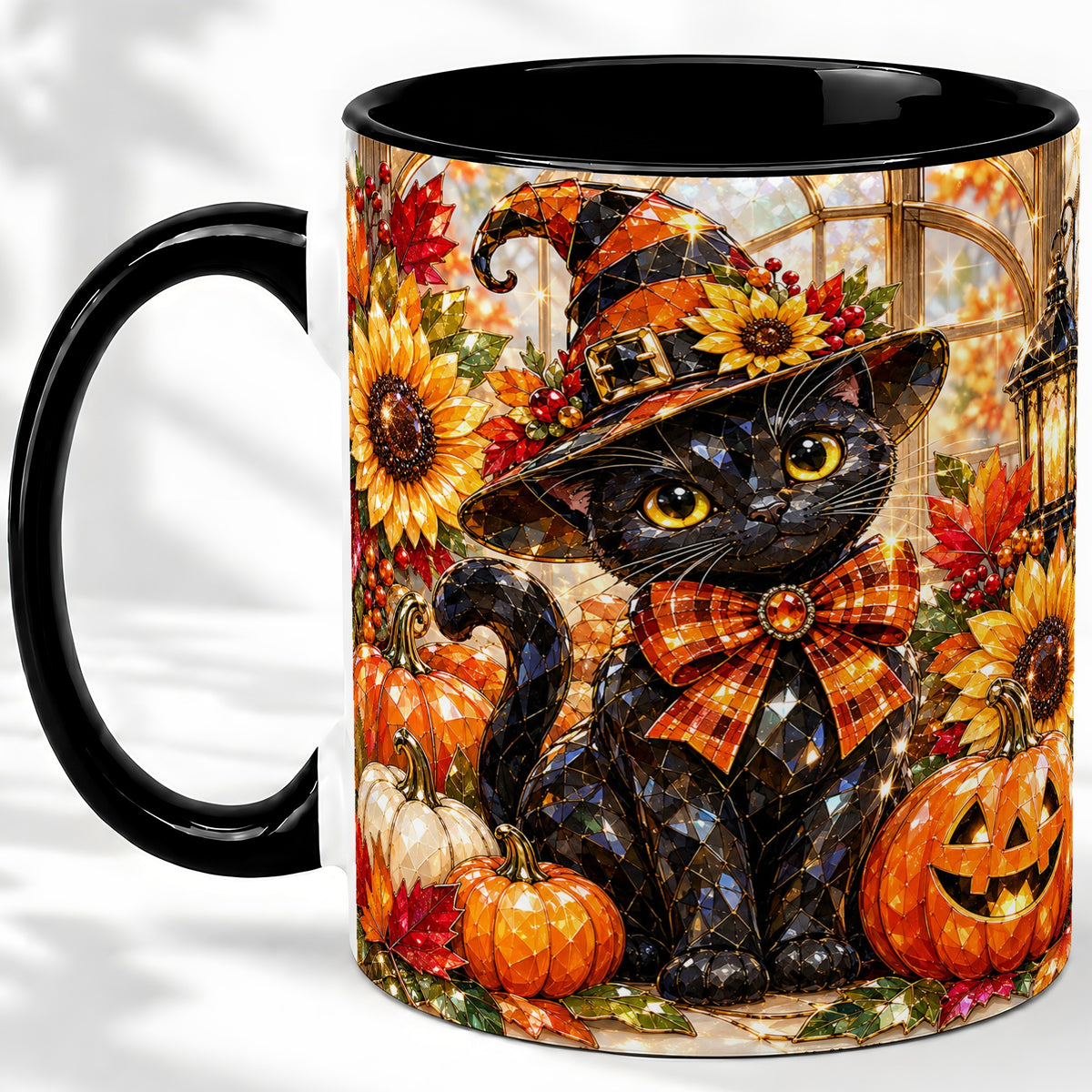 #pl[11oz|Black] Halloween Black Cat Ceramic Mug, Sunflower Pumpkin Artwork
