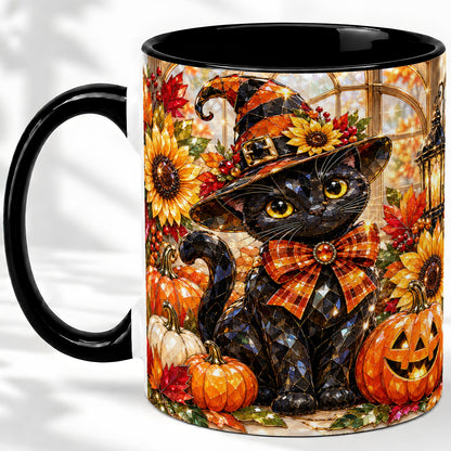 #pl[11oz|Black] Halloween Black Cat Ceramic Mug, Sunflower Pumpkin Artwork