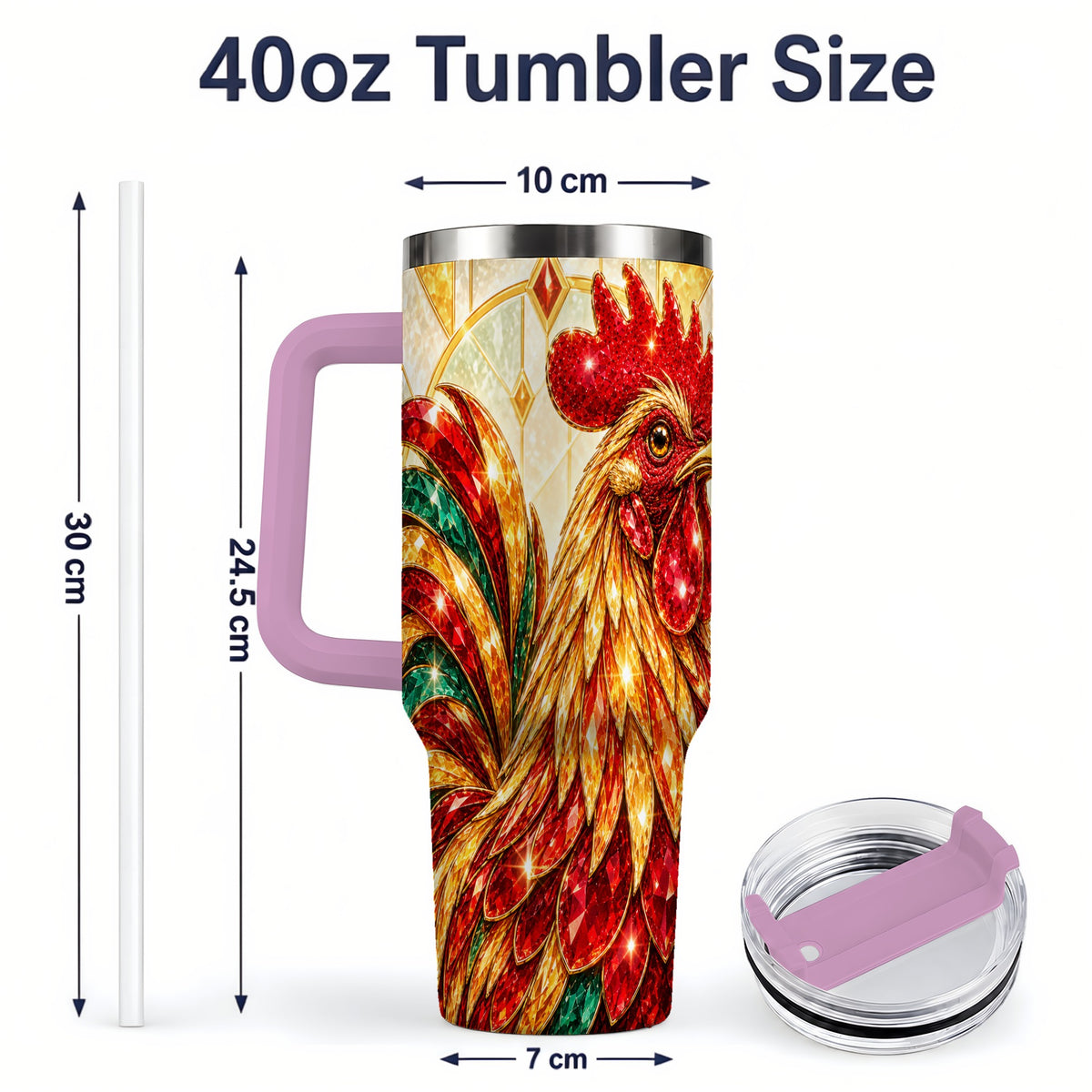 #pl[40oz|Pink] Stained Glass Rooster 40oz Tumbler with Red Green and Gold Artwork