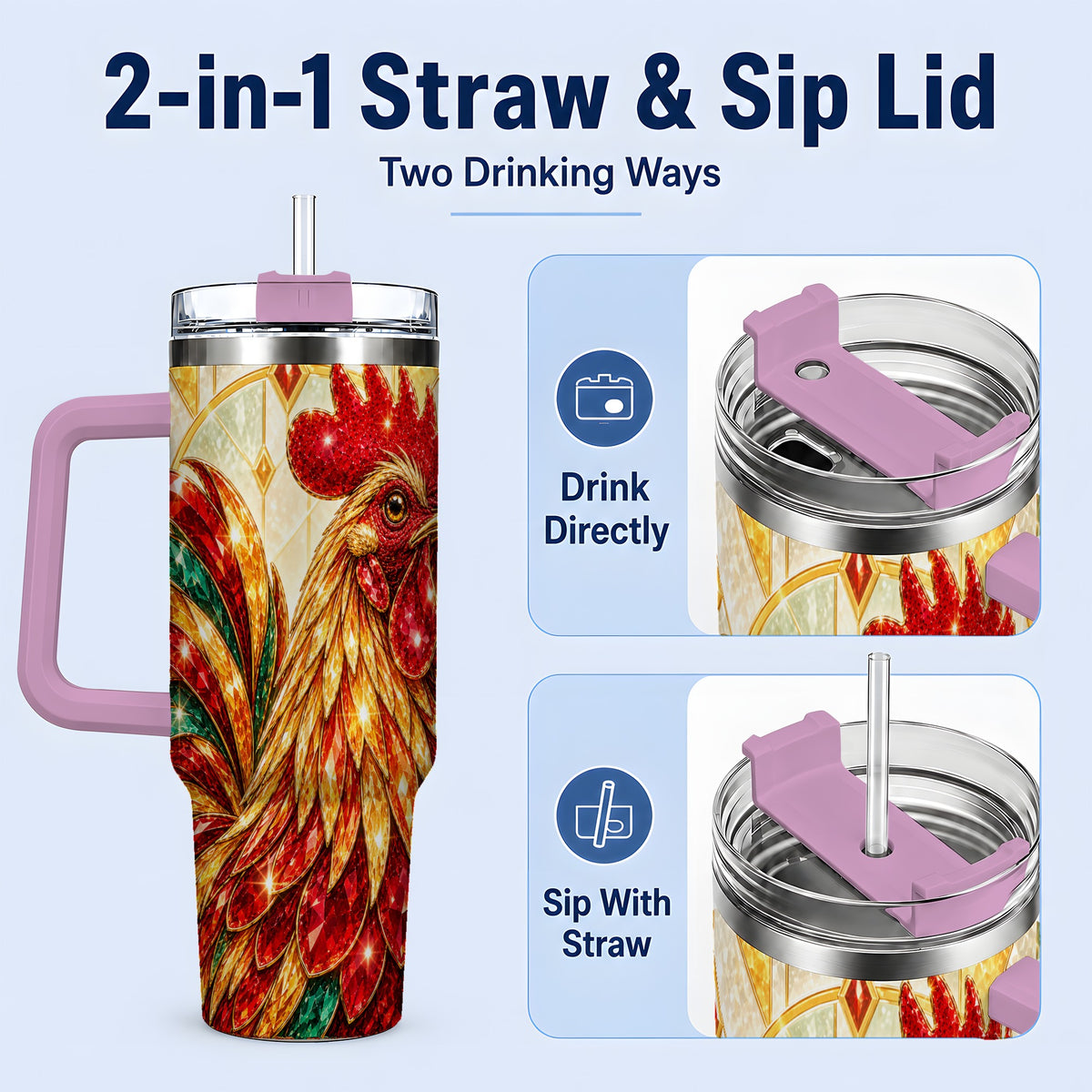 #pl[40oz|Pink] Stained Glass Rooster 40oz Tumbler with Red Green and Gold Artwork