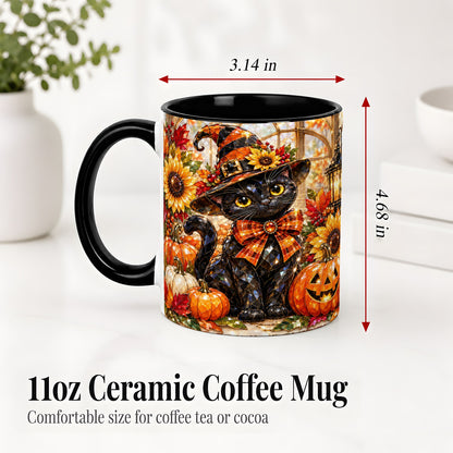 #pl[11oz|Black] Halloween Black Cat Ceramic Mug, Sunflower Pumpkin Artwork