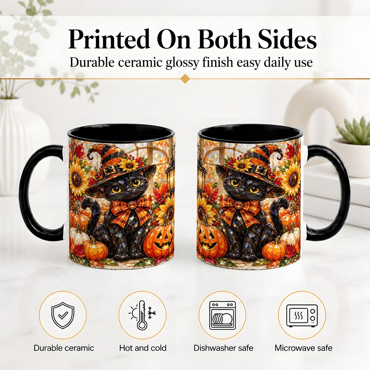 #pl[11oz|Black] Halloween Black Cat Ceramic Mug, Sunflower Pumpkin Artwork