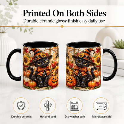 #pl[11oz|Black] Halloween Black Cat Ceramic Mug, Sunflower Pumpkin Artwork