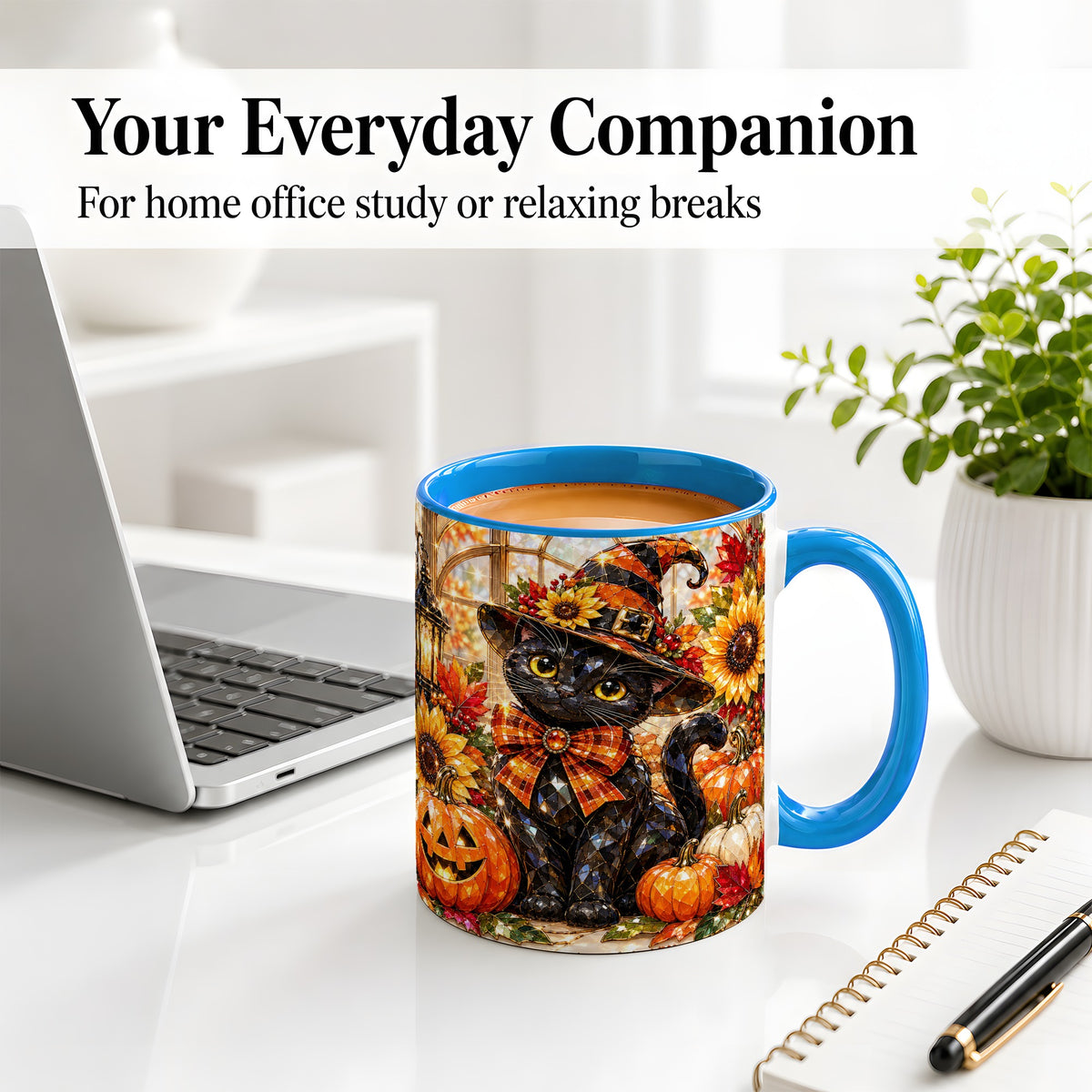 #pl[11oz|Blue] Halloween Black Cat Ceramic Mug, Sunflower Pumpkin Artwork