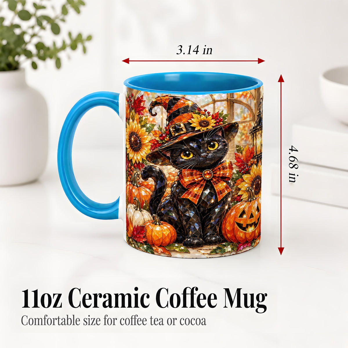 #pl[11oz|Blue] Halloween Black Cat Ceramic Mug, Sunflower Pumpkin Artwork