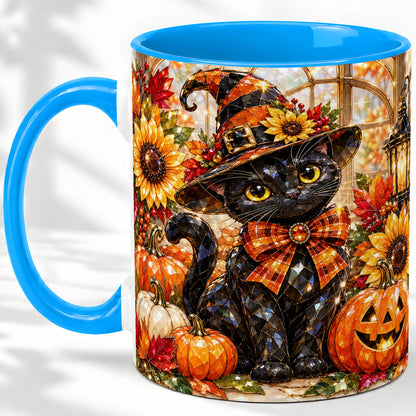 #pl[11oz|Blue] Halloween Black Cat Ceramic Mug, Sunflower Pumpkin Artwork