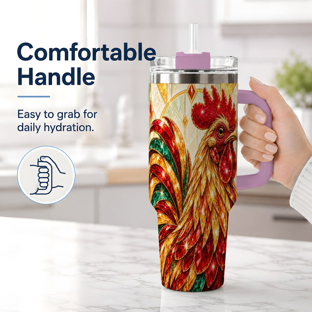 #pl[40oz|Pink] Stained Glass Rooster 40oz Tumbler with Red Green and Gold Artwork