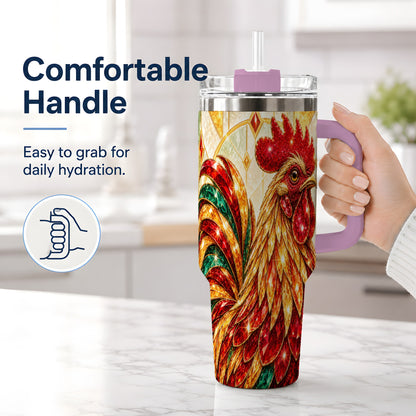 #pl[40oz|Pink] Stained Glass Rooster 40oz Tumbler with Red Green and Gold Artwork