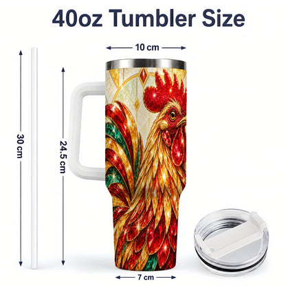 #pl[40oz|White] Stained Glass Rooster 40oz Tumbler with Red Green and Gold Artwork