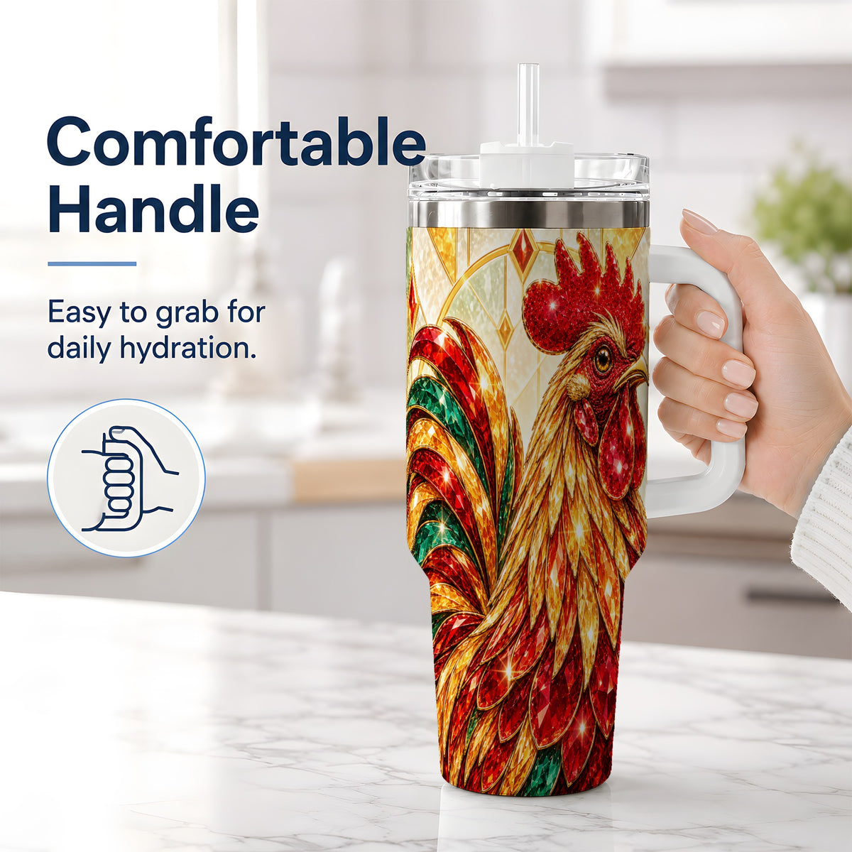 #pl[40oz|White] Stained Glass Rooster 40oz Tumbler with Red Green and Gold Artwork
