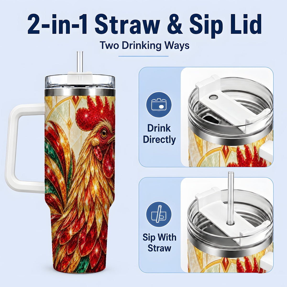 #pl[40oz|White] Stained Glass Rooster 40oz Tumbler with Red Green and Gold Artwork