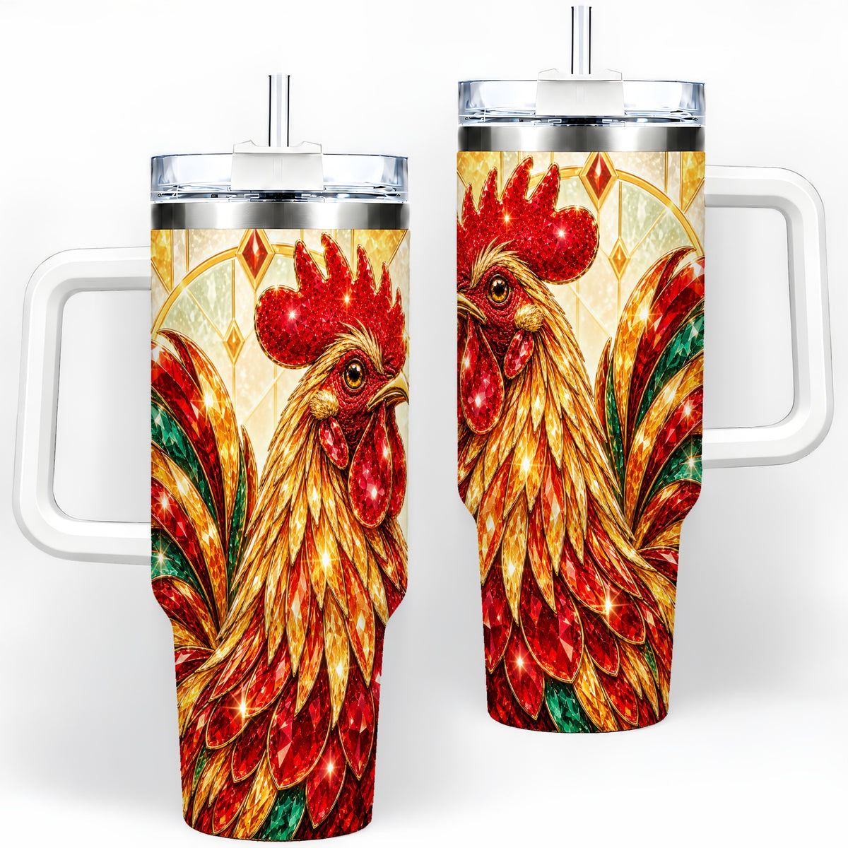 Stained Glass Rooster 40oz Tumbler with Red Green and Gold Artwork