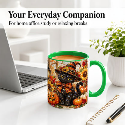 #pl[11oz|Green] Halloween Black Cat Ceramic Mug, Sunflower Pumpkin Artwork