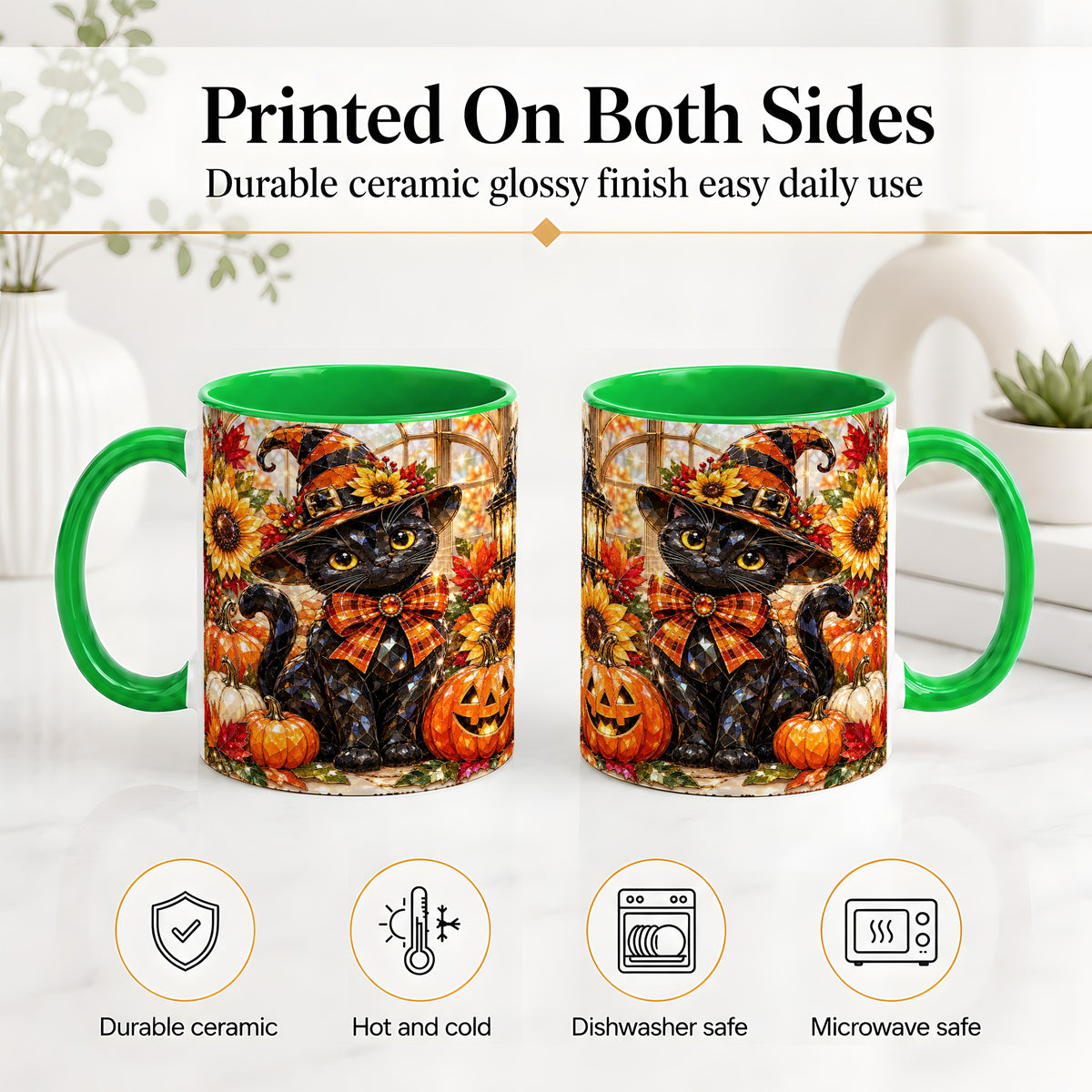 #pl[11oz|Green] Halloween Black Cat Ceramic Mug, Sunflower Pumpkin Artwork