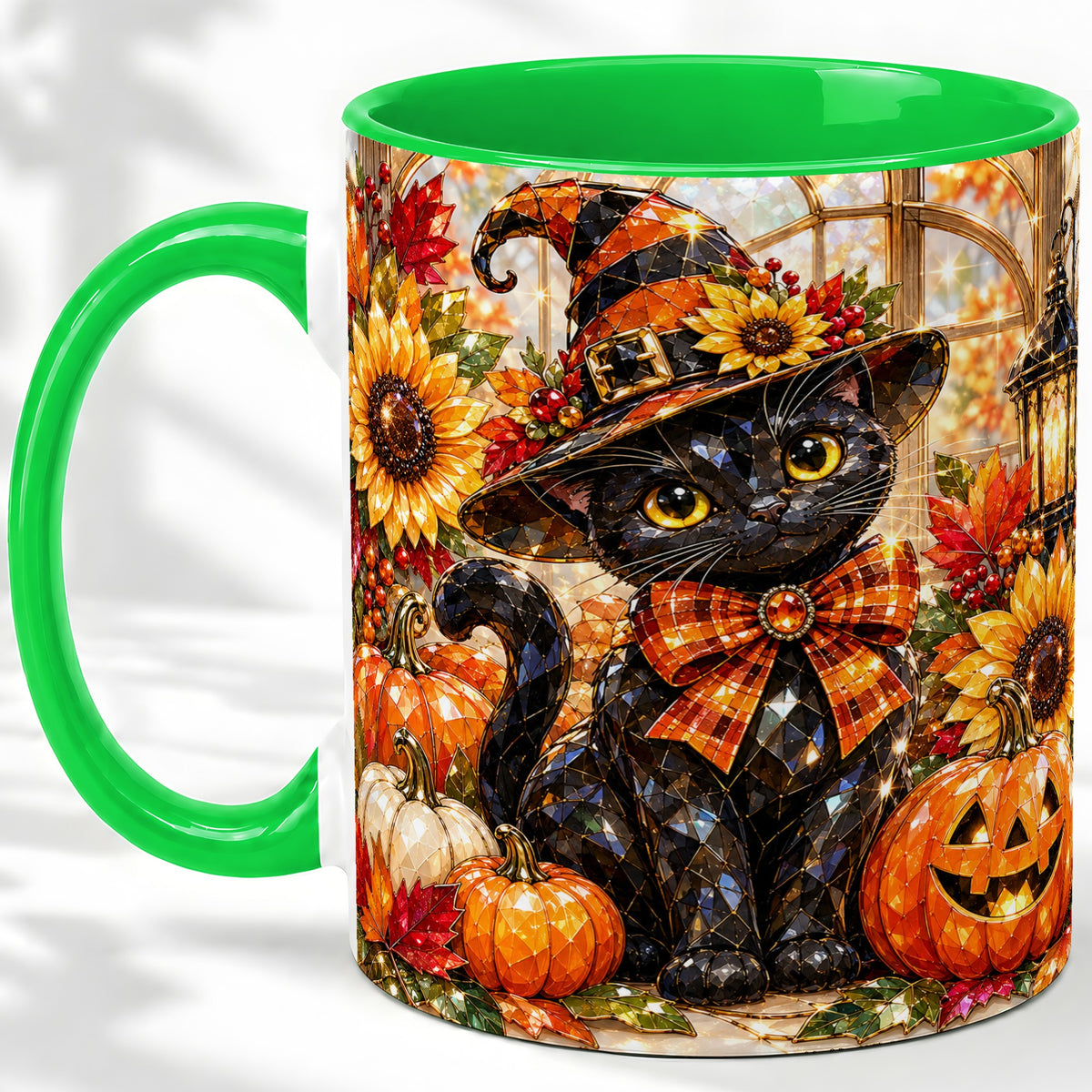 #pl[11oz|Green] Halloween Black Cat Ceramic Mug, Sunflower Pumpkin Artwork