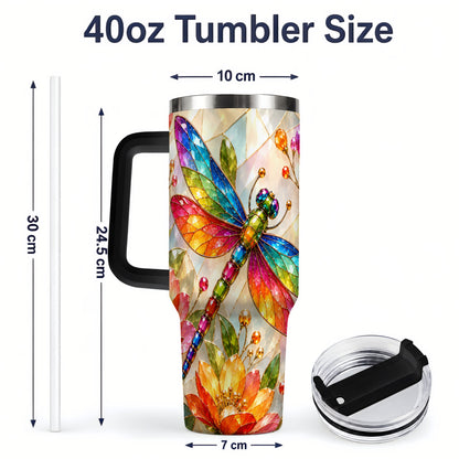 #pl[40oz|Black] Dragonfly Stained Glass Tumbler 40oz, Floral Nature Artwork Design