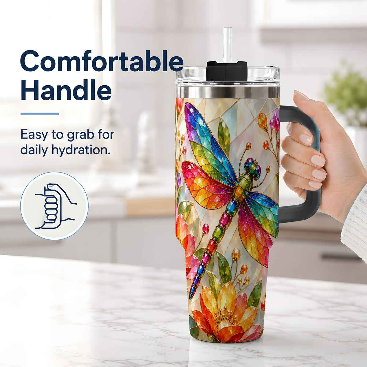 #pl[40oz|Black] Dragonfly Stained Glass Tumbler 40oz, Floral Nature Artwork Design