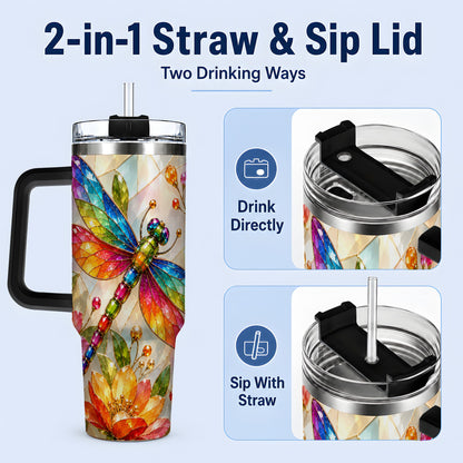 #pl[40oz|Black] Dragonfly Stained Glass Tumbler 40oz, Floral Nature Artwork Design