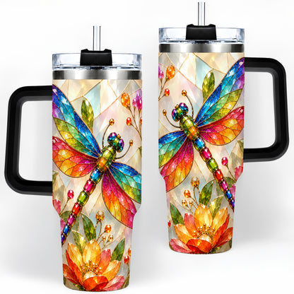 #pl[40oz|Black] Dragonfly Stained Glass Tumbler 40oz, Floral Nature Artwork Design