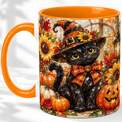 #pl[11oz|Orange] Halloween Black Cat Ceramic Mug, Sunflower Pumpkin Artwork