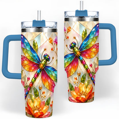 #pl[40oz|Blue] Dragonfly Stained Glass Tumbler 40oz, Floral Nature Artwork Design