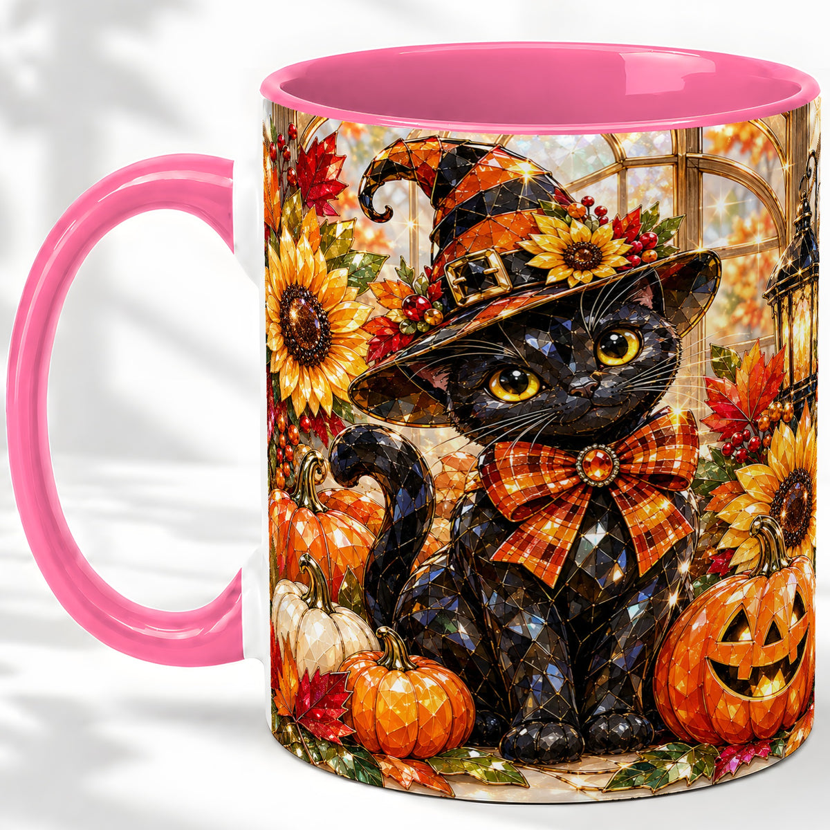 #pl[11oz|Pink] Halloween Black Cat Ceramic Mug, Sunflower Pumpkin Artwork