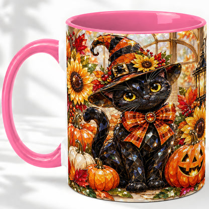 #pl[11oz|Pink] Halloween Black Cat Ceramic Mug, Sunflower Pumpkin Artwork