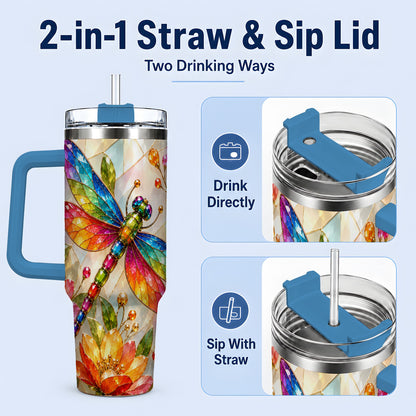 #pl[40oz|Blue] Dragonfly Stained Glass Tumbler 40oz, Floral Nature Artwork Design