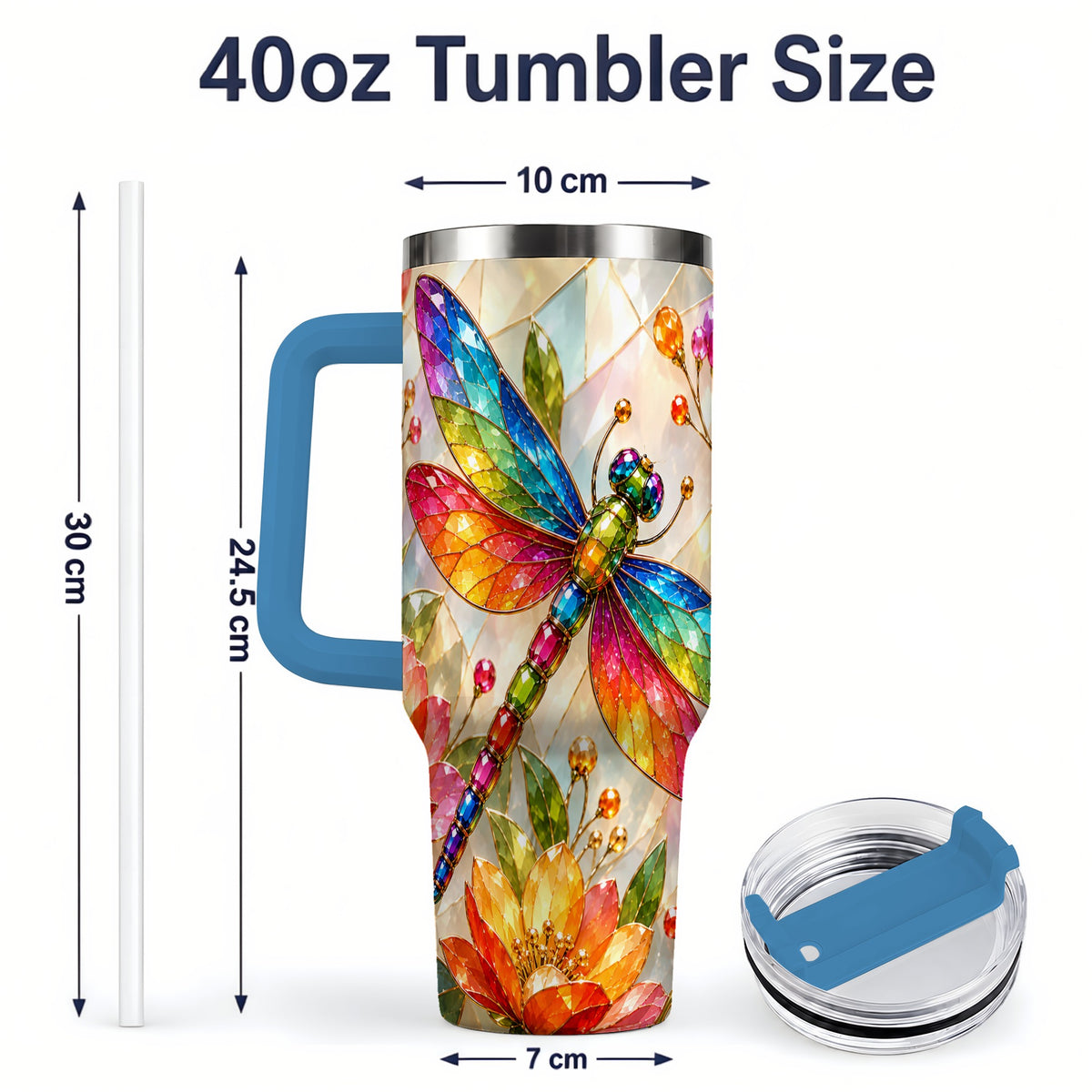 #pl[40oz|Blue] Dragonfly Stained Glass Tumbler 40oz, Floral Nature Artwork Design