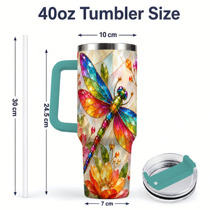 #pl[40oz|Green] Dragonfly Stained Glass Tumbler 40oz, Floral Nature Artwork Design
