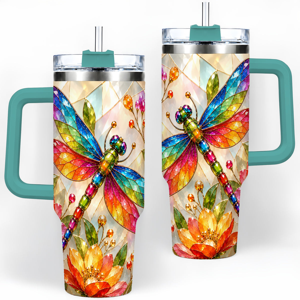 #pl[40oz|Green] Dragonfly Stained Glass Tumbler 40oz, Floral Nature Artwork Design