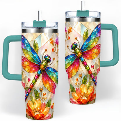 #pl[40oz|Green] Dragonfly Stained Glass Tumbler 40oz, Floral Nature Artwork Design