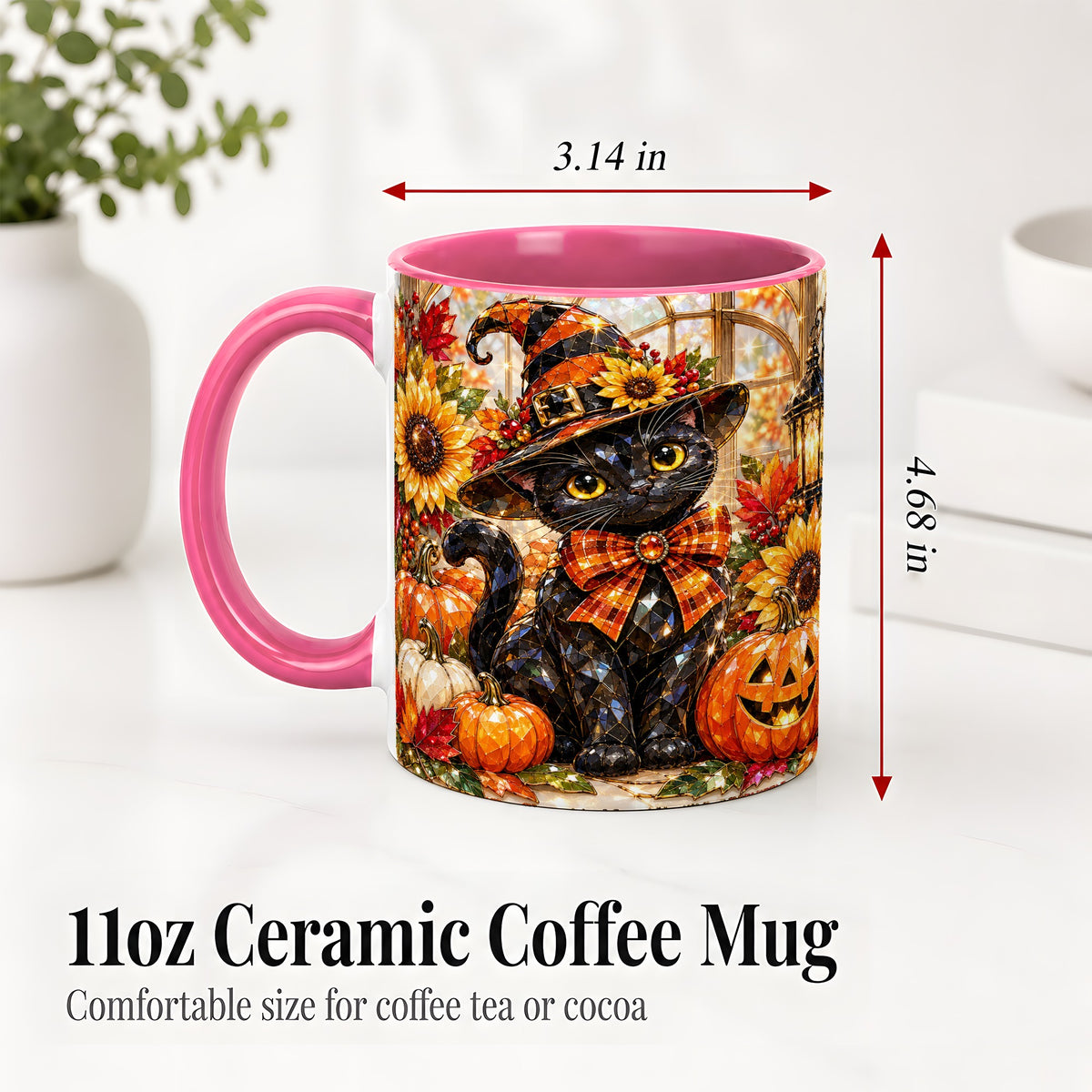 #pl[11oz|Pink] Halloween Black Cat Ceramic Mug, Sunflower Pumpkin Artwork