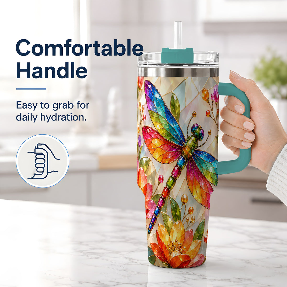 #pl[40oz|Green] Dragonfly Stained Glass Tumbler 40oz, Floral Nature Artwork Design