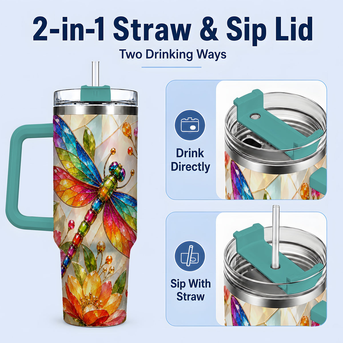 #pl[40oz|Green] Dragonfly Stained Glass Tumbler 40oz, Floral Nature Artwork Design
