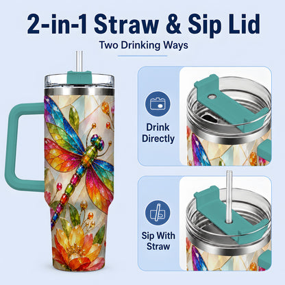 #pl[40oz|Green] Dragonfly Stained Glass Tumbler 40oz, Floral Nature Artwork Design