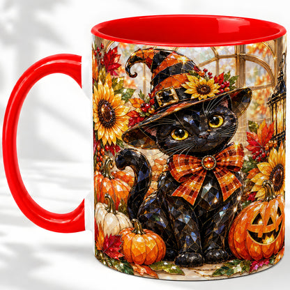 Halloween Black Cat Ceramic Mug, Sunflower Pumpkin Artwork
