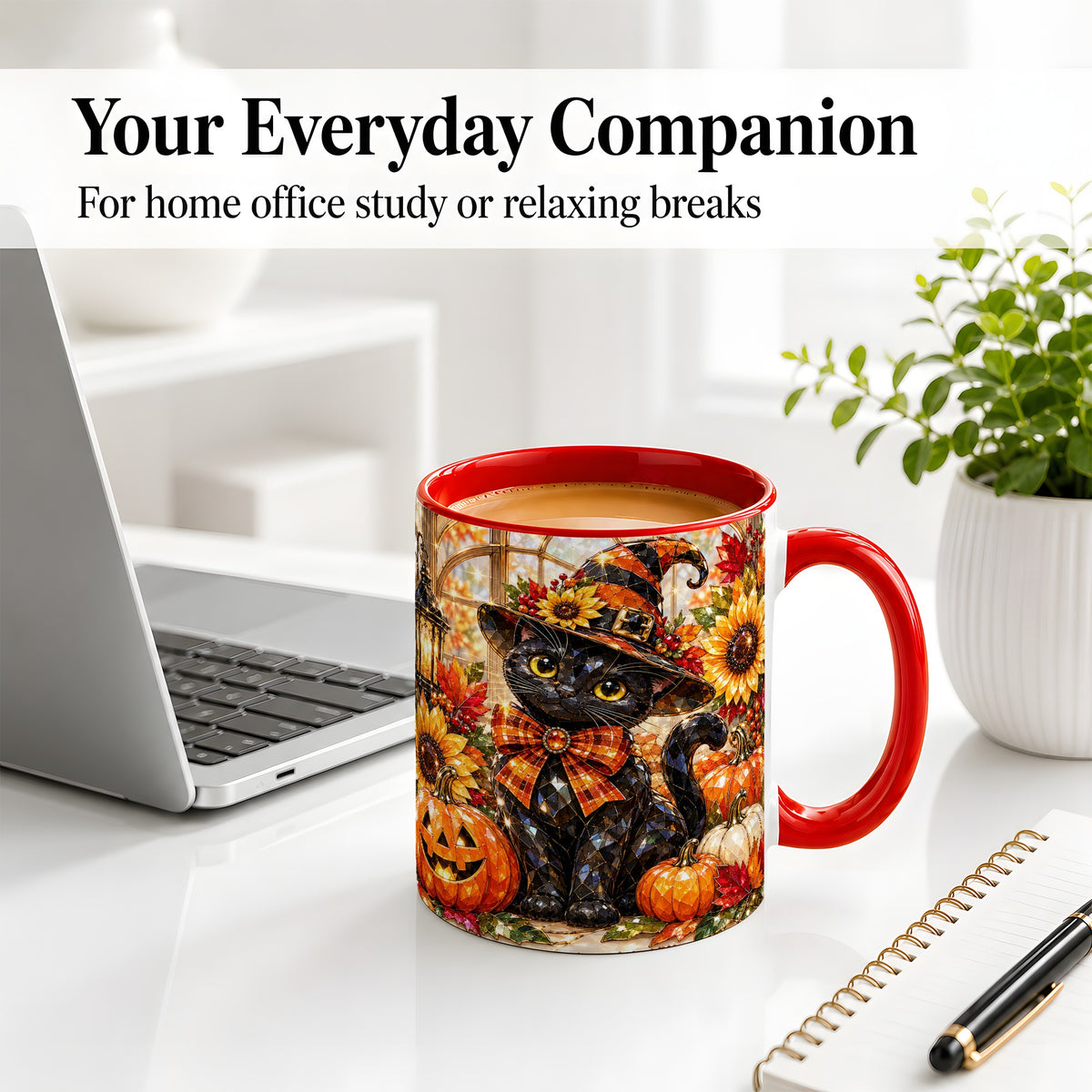 #pl[11oz|Red] Halloween Black Cat Ceramic Mug, Sunflower Pumpkin Artwork