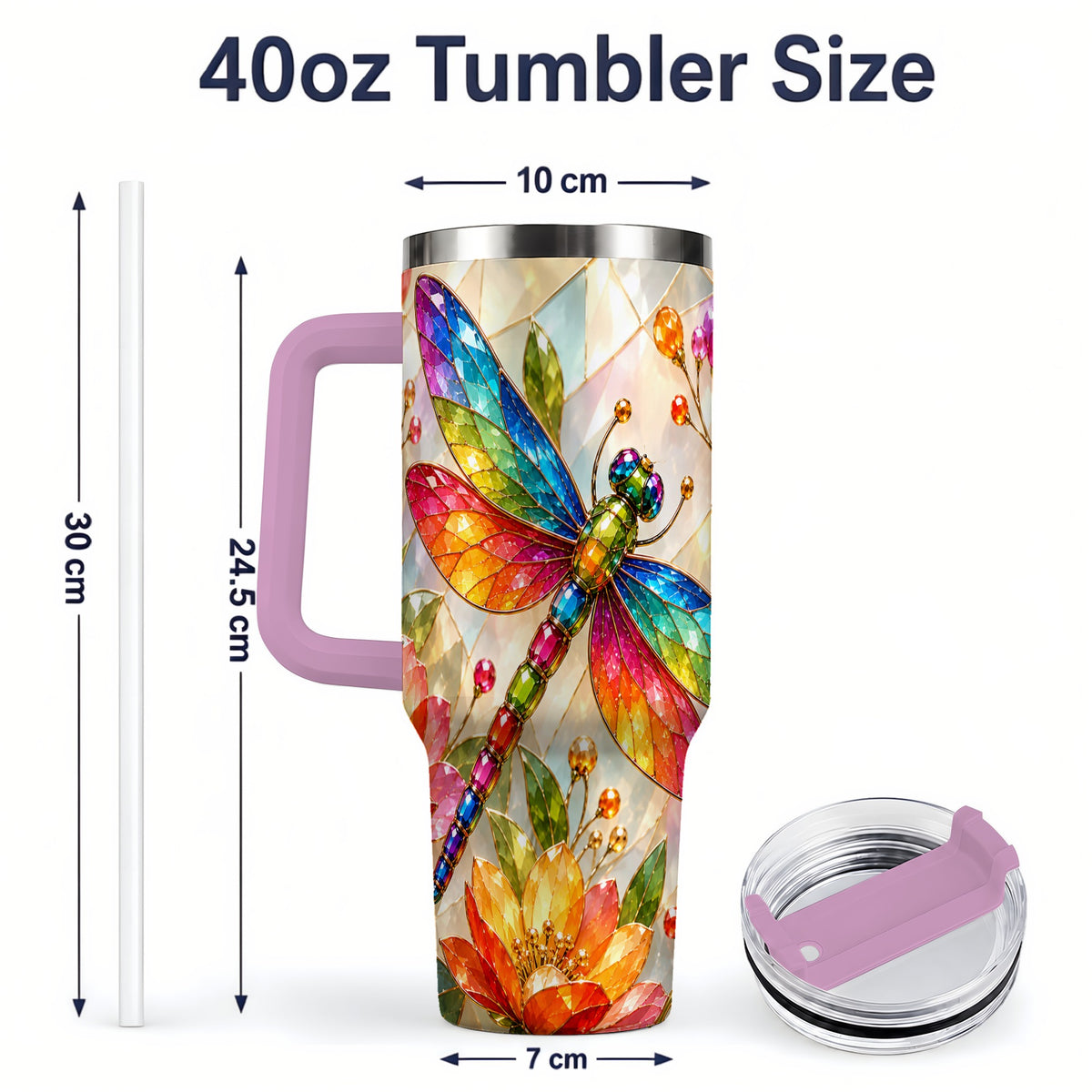 #pl[40oz|Pink] Dragonfly Stained Glass Tumbler 40oz, Floral Nature Artwork Design