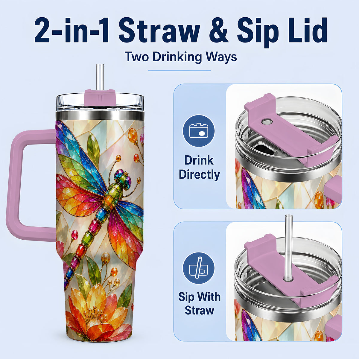 #pl[40oz|Pink] Dragonfly Stained Glass Tumbler 40oz, Floral Nature Artwork Design