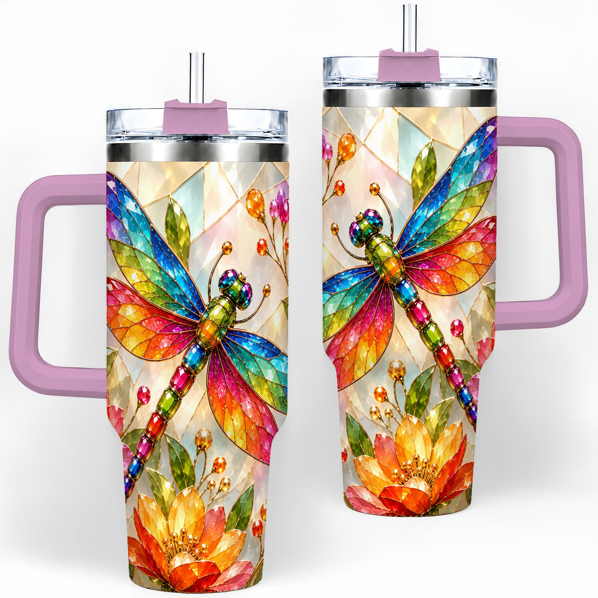 #pl[40oz|Pink] Dragonfly Stained Glass Tumbler 40oz, Floral Nature Artwork Design