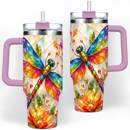 #pl[40oz|Pink] Dragonfly Stained Glass Tumbler 40oz, Floral Nature Artwork Design