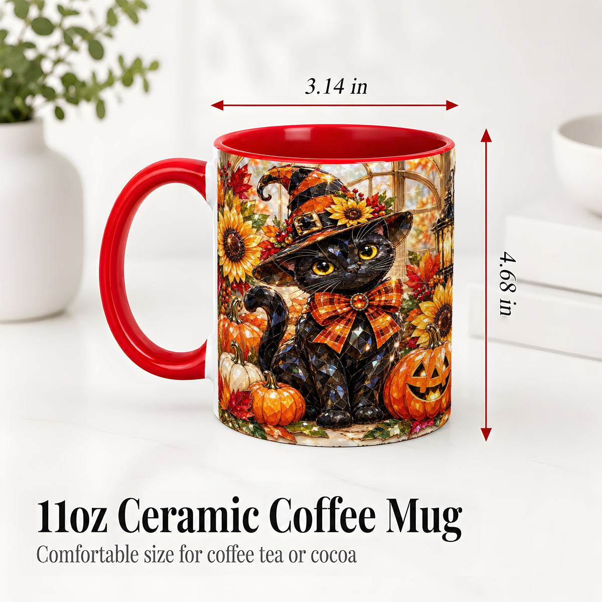 #pl[11oz|Red] Halloween Black Cat Ceramic Mug, Sunflower Pumpkin Artwork