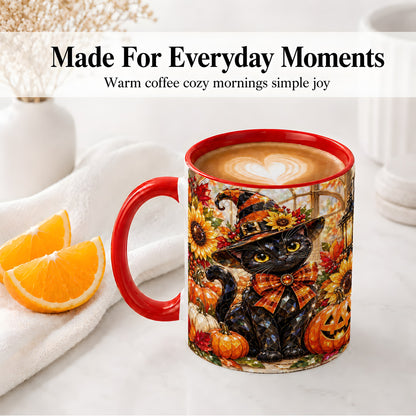 #pl[11oz|Red] Halloween Black Cat Ceramic Mug, Sunflower Pumpkin Artwork