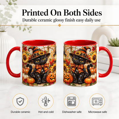 #pl[11oz|Red] Halloween Black Cat Ceramic Mug, Sunflower Pumpkin Artwork