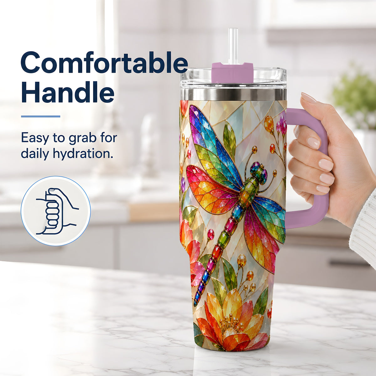 #pl[40oz|Pink] Dragonfly Stained Glass Tumbler 40oz, Floral Nature Artwork Design