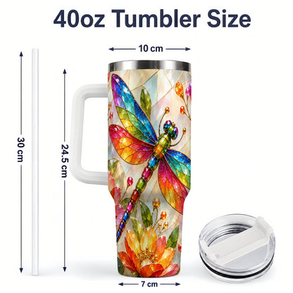 #pl[40oz|White] Dragonfly Stained Glass Tumbler 40oz, Floral Nature Artwork Design