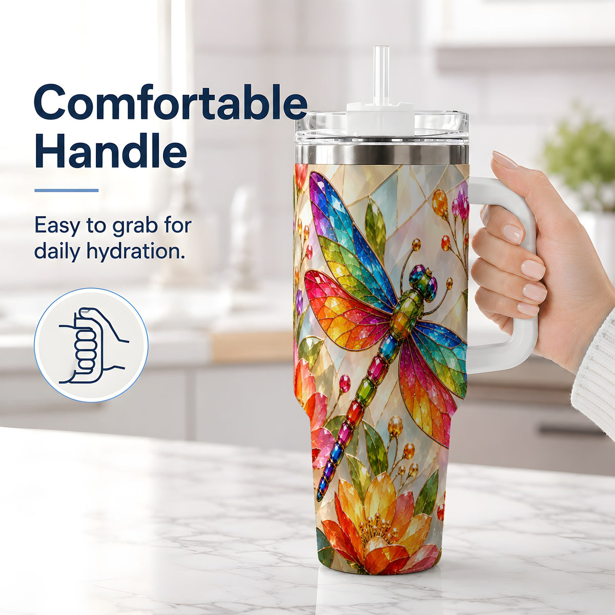 #pl[40oz|White] Dragonfly Stained Glass Tumbler 40oz, Floral Nature Artwork Design